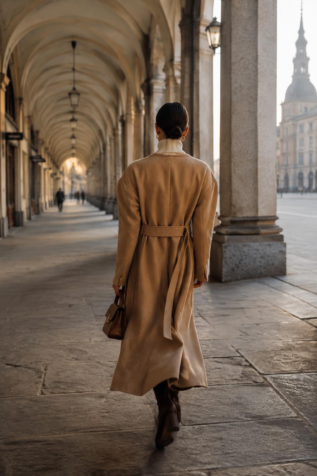 Immagine dimostrativa: Cappotto cammello sotto i portici