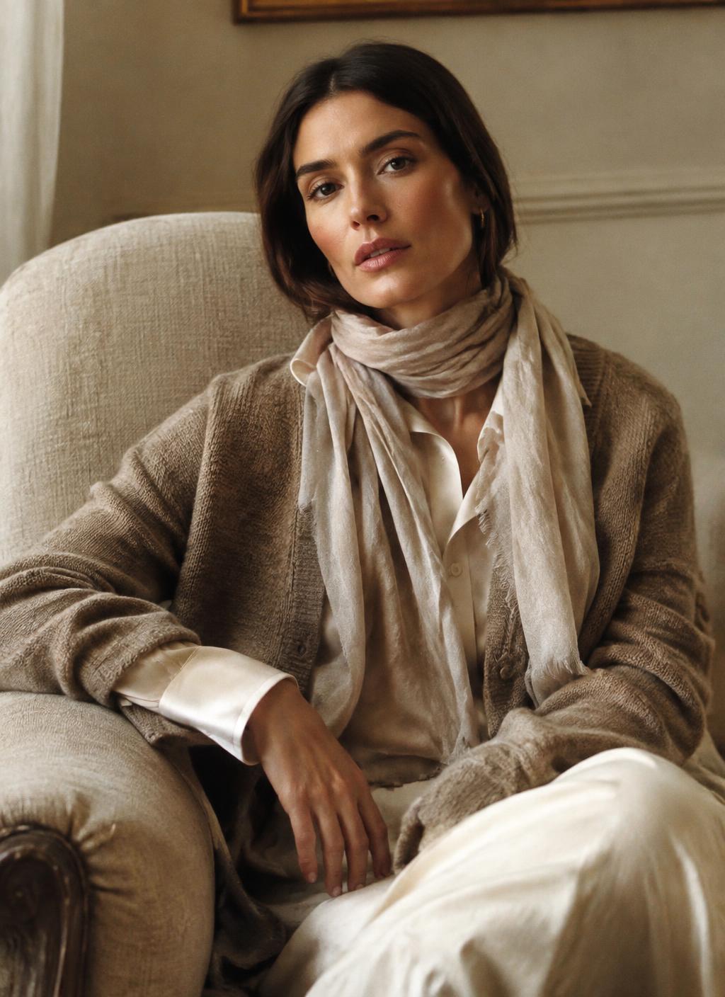 Immagine dimostrativa: Cardigan e foulard in toni naturali